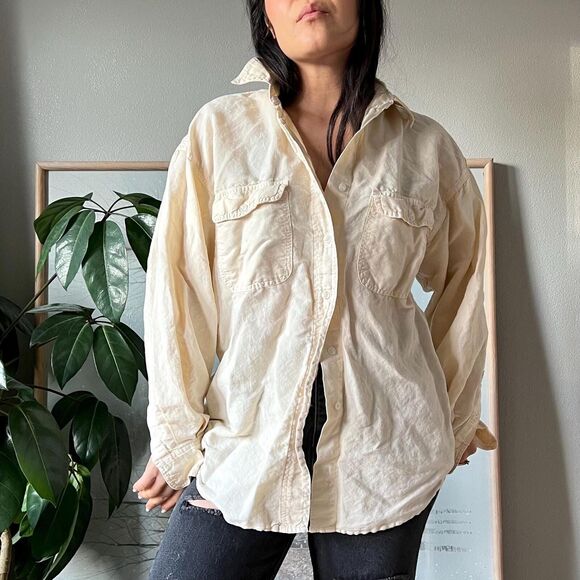 Vtg 90s minimlist button down blouse cotton ramie Oversized Long Sleeve Medium - Picture 10 of 10